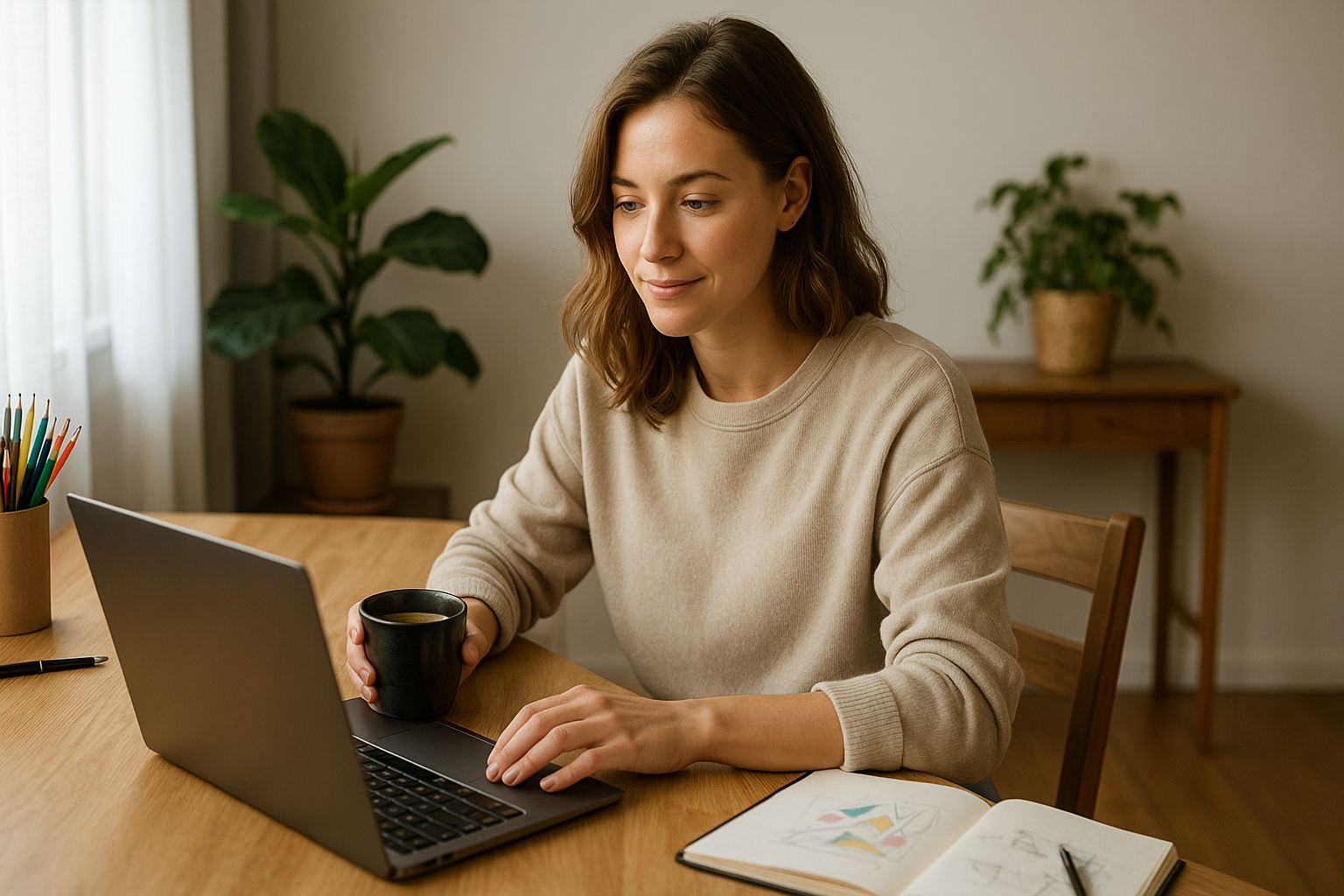 Девушка-фрилансер создает проект на онлайн доске dotspace, радуясь результатам